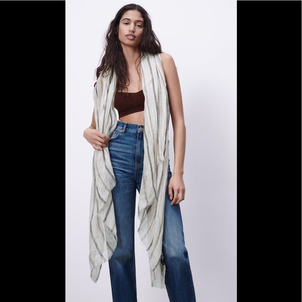 🤍 ZARA Oversized Striped 100% Linen Scarf 0653/029